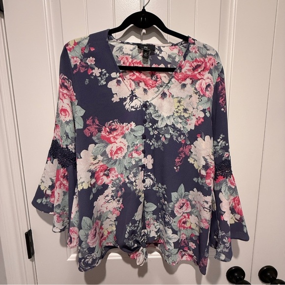 I.N. San Francisco Floral Blouse - Navy and Pink - Picture 2 of 7